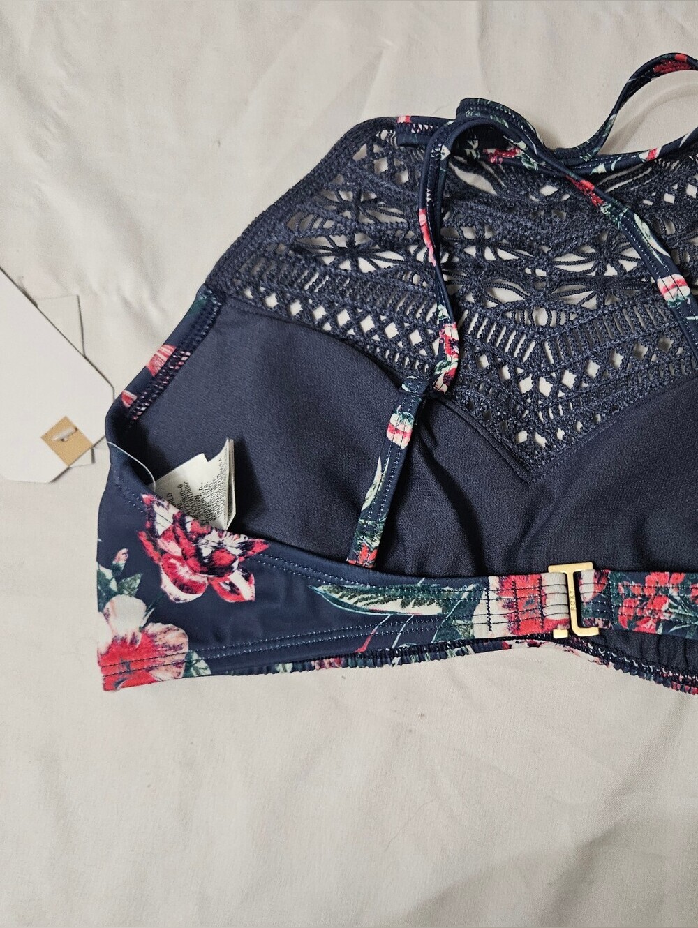 Roxy New Blue Floral Arizona Dream High Neck Crochet Trim Bikini Top Size Small! - Picture 3 of 5